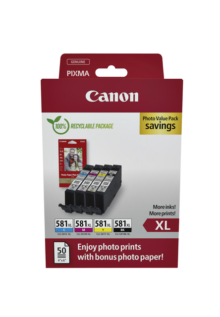 Canon CLI581XL Pack de 4 Cartuchos de Tinta Originales - 50 Hojas de Papel Fotografico - 2052C004/2052C006