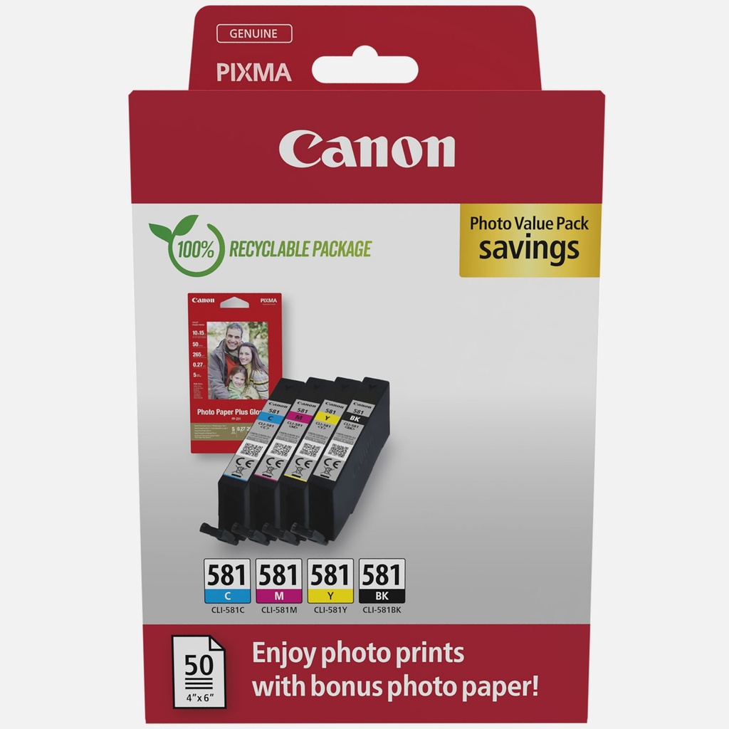 Canon CLI581 Pack de 4 Cartuchos de Tinta Originales - 50 Hojas de Papel Fotografico - 2106C005/2106C006