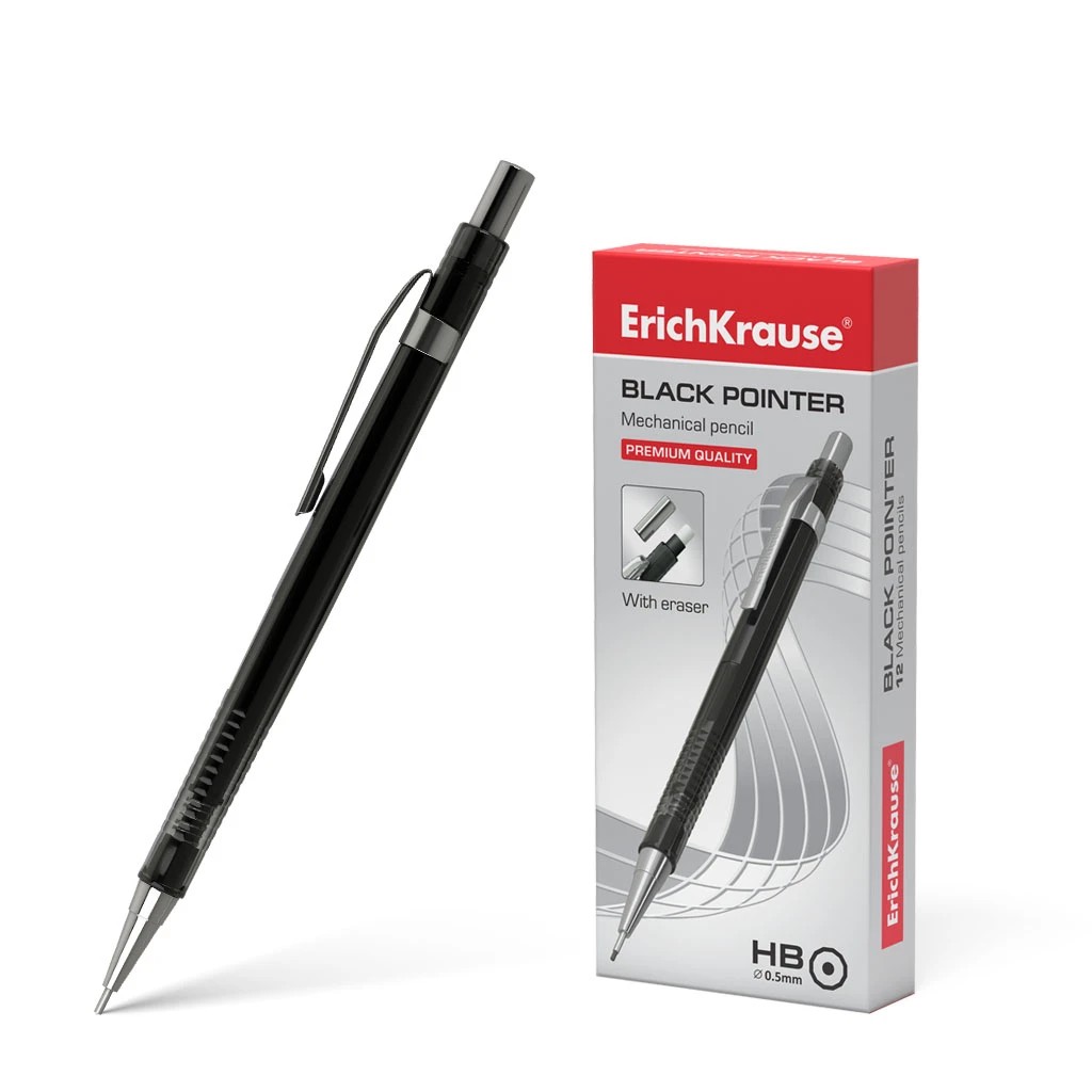 Erichkrause Portaminas Black Pointer 05 mm - Estilo Clasico con Detalles de Metal - Boquilla Retractil - Dureza HB - Minas de 05 mm - Color Negro