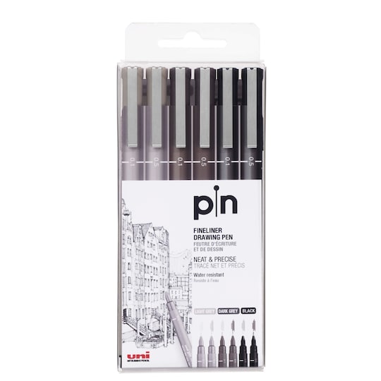 Uni-ball Uni Pin Pack de 6 Rotuladores Calibrados 0.1, 0.5 - Punta Poliacetal - Tinta Pigmentada Resistente al Agua y Luz - Ideal para Dibujo Profesional y Escritura - Colores Negro, Gris Oscuro y Gris Claro