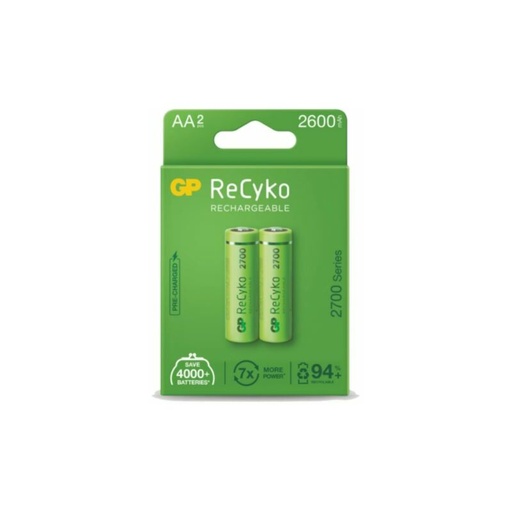 [270AAHC-CB2 GP] GP ReCyko Pack de 2 Pilas Recargables 2600mAh AA 1.2V - Precargadas - Ciclo de Vida: Hasta 1.000 Veces
