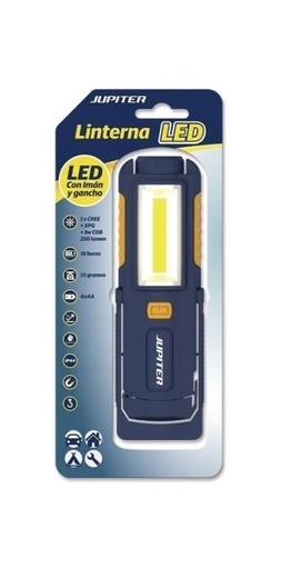 [330722] Jupiter Linterna de Trabajo LED+COB 250lm - Con Iman y Gancho - Resistencia IP44 - Funciona con 4 Pilas AA (No Incluidas) - Color Azul