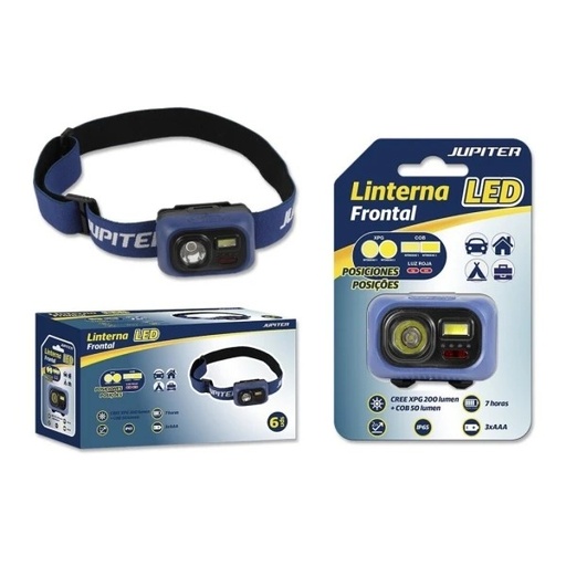 [330725] Jupiter Linterna Frontal LED 200lm + COB 50lm - Resistencia IP65 - Goma Ajustable para Cabeza - Funciona con 3 Pilas AAA (No Incluidas) - Color Azul