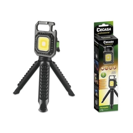 [331506] Cegasa Profesional Linterna Mini con Tripode COB hasta 670lm - Luz Blanca, Amarilla, Blanca y Amarilla Combinadas, Luz Roja y Luz Flash Intermitente - Bateria Recargable USB-C - Color Negro