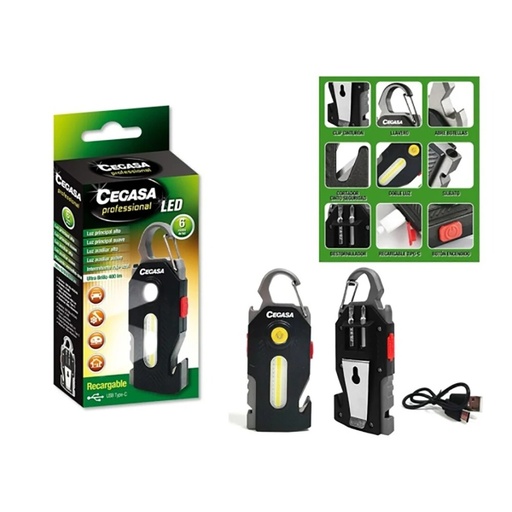 [332372] Cegasa Profesional Linterna Supervivencia COB+1 LED hasta 400lm - Autonomia hasta 1.5h - Bateria 300mAh USB-C - Color Negro
