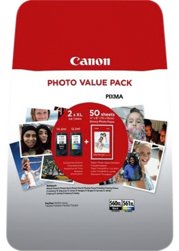 [3712C008] Canon PG560XL Negro + CL561XL Color Pack de 2 Cartuchos de Tinta Originales - 50 Hojas de Papel Fotografico - 3712C008/3712C004
