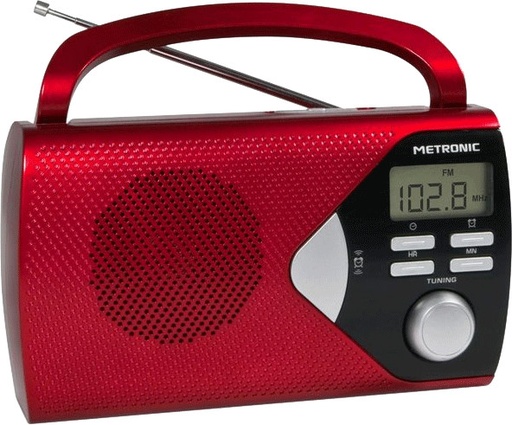 [477201] Metronic Radio Portatil AM/FM con Funcion Alarma - Pilas - Color Rojo