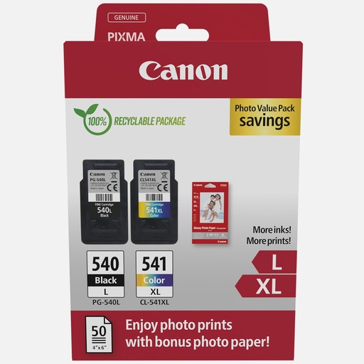[5224B012] Canon PG540L Negro + CL541XL Color Pack de 2 Cartuchos de Tinta Originales - 50 Hojas de Papel Fotografico - 5224B012/5224B007/5224B005/5222B013/5222B014