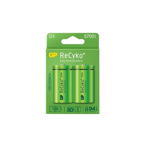 [570DHCBE-B2 GP] GP ReCyko Pack de 2 Pilas Recargables 5700mAh D 1.2V - Precargadas - Ciclo de Vida: Hasta 1000 Veces