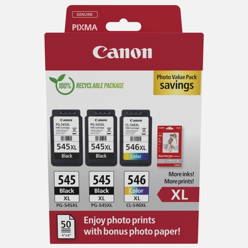 [8286B015] Canon PG545XL Negro + CL546XL Color Pack de 3 Cartuchos de Tinta Originales + 50 Hojas de Papel Fotografico - 8286B015