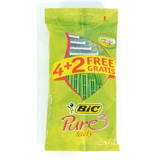 [8729041] Bic Pure 3 Lady Pack de 4+2 Maquinillas de Depilacion Desechables de 3 Hojas - Tira Lubricante con Aloe Vera