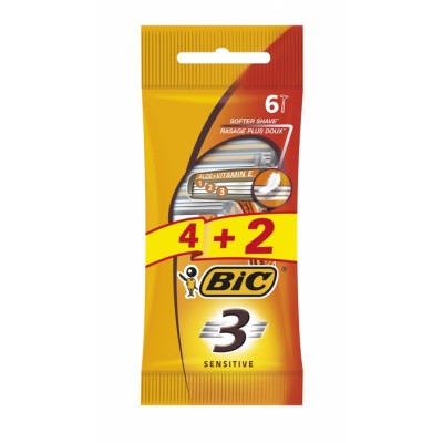 [872907] Bic Sensitive 3 Pack de 4+2 Maquinillas de Afeitar Desechables de 3 Hojas - Tira Lubricante con Aloe Vera