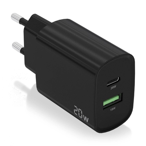 [A110-0755] Aisens Cargador 20W - 1xUSB-C PD3.0 - 1xUSB-A QC3.0 - Color Negro