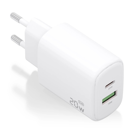 [A110-0909] Aisens Cargador GaN 20W - 1xUSB-C PD3.0 - 1xUSB-A QC3.0 - Color Blanco