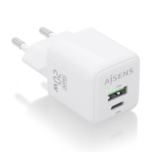 [ASCH-20W2P010-W] Aisens Cargador Gan 20W - 1xUSB-C PD3.0 QC4.0 - 1xUSB-A QC3.0 - Color Blanco