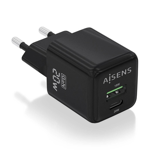 [ASCH-20W2P011-BK] Aisens Cargador Gan 20W - 1xUSB-C PD3.0 QC4.0 - 1xUSB-A QC3.0 - Color Negro