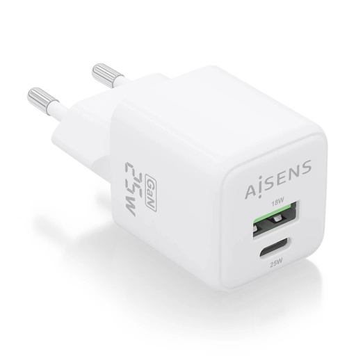 [ASCH-25W2P014-W] Aisens Cargador Gan 25W - 1xUSB-C PD3.0 QC4.0 - 1xUSB-A QC3.0 - Color Blanco