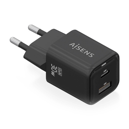 [ASCH-30W2P021-BK] Aisens Cargador Gan USB-C 30W - Alta Eficiencia Energetica - Tecnologia AI para Carga Rapida - Multiples Protecciones de Seguridad - Compatible con USB-C y USB-A - Carga Simultanea