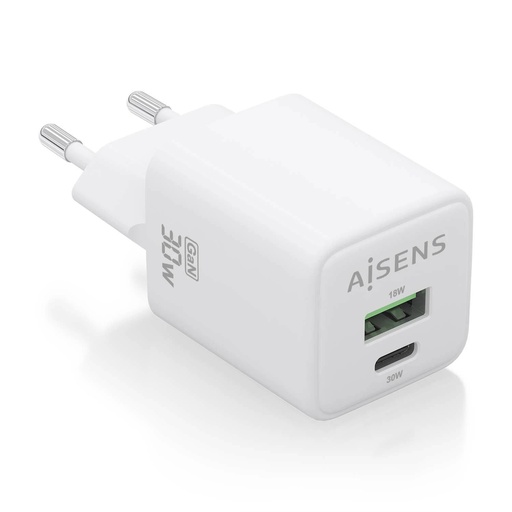[ASCH-30W2P037-W] Aisens Cargador Gan USB-C 30W - Alta Eficiencia Energetica - Tecnologia AI - Multiples Protecciones - Carga Rapida y Segura - Compatible con Multiples Dispositivos