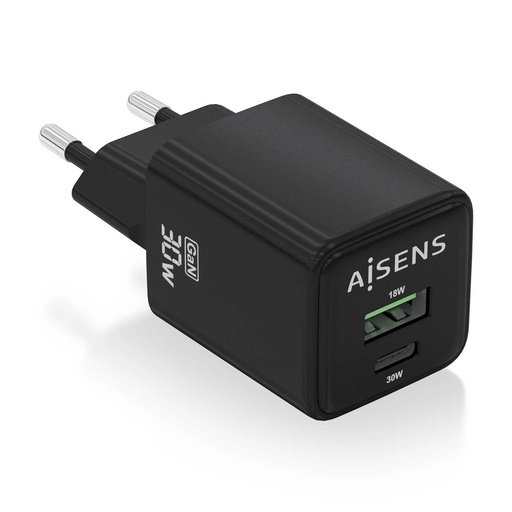 [ASCH-30W2P038-BK] Aisens Cargador Gan USB-C 30W - Alta Eficiencia Energetica - Tecnologia AI para Carga Rapida - Multiples Protecciones de Seguridad - Compatible con USB-C y USB-A - Carga Simultanea de 2 Dispostivos