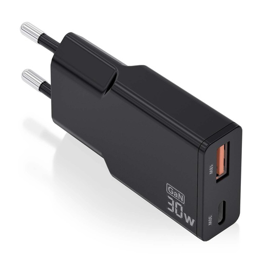 [ASCH-30W2P047-BK] Aisens Cargador GaN Ultra Delgado 30W - 1xUSB-C PD3.0 QC4.0 - 1xUSB-A QC3.0 - Color Negro