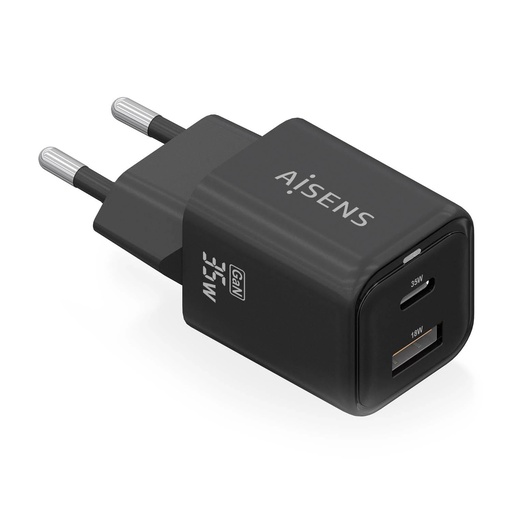 [ASCH-35W2P025-BK] Aisens Cargador Gan USB-C 35W - Alta Eficiencia Energetica - Tecnologia AI para Carga Rapida - Multiples Protecciones de Seguridad - Compatible con PD3.0 y QC3.0 - Carga Simultanea USB-C y USB-A