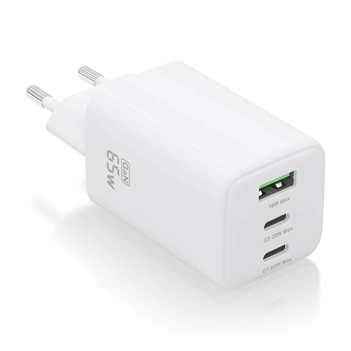 [ASCH-65W3P041-W] Aisens Cargador Gan USB-C 65W - Alta Eficiencia Energetica - Tecnologia AI - Carga Rapida y Segura - 3 Puertos USB - Compatible con Multiples Dispositivos
