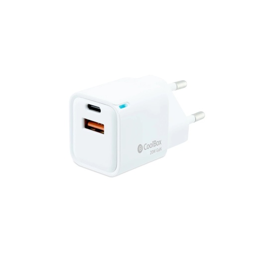[COO-CUP-20CA] Coolbox Cargador de Pared 20W QC3.0 + PD - USB-A + USB-C - Carga Rapida - Tecnología GaN - Color Blanco