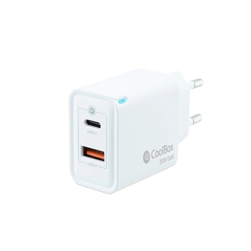 [COO-CUP-30CA] Coolbox Cargador de Pared 30W QC3.0 + PD - USB-A + USB-C - Carga Rapida - Tecnología GaN - Color Blanco