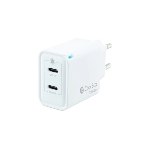 [COO-CUP-35CC] Coolbox Cargador de Pared 35W QC3.0 + PD - 2xUSB-C - Carga Rapida - Tecnología GaN - Color Blanco