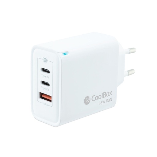 [COO-CUP-65CCA] Coolbox Cargador de Pared 65W QC3.0 + PD - USB-A + 2xUSB-C - Carga Rapida - Tecnología GaN - Color Blanco