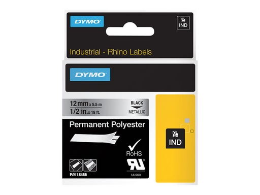 [DY18486] Dymo Rhino ID1-12 Cinta de Etiquetas Original para Rotuladora - Texto Negro sobre Fondo Plata - Ancho 12mm x 5.5 metros - 18486
