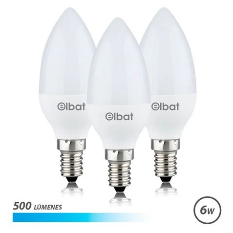 [EB0458] Elbat Bombillas LED C37 Pack de 3 - 6W - 500LM - Base E14 - Luz Fria - Ahorro Energetico - Blanco Frio