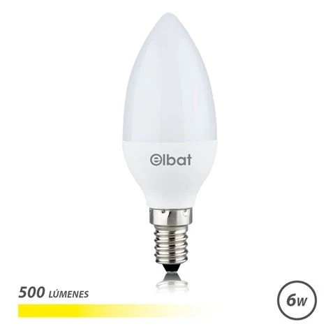 [EB0486] Elbat Bombilla LED - Potencia 6W - Lumenes 500 - Tipo de Luz 3000K Luz Calida - Casquillo E14 - Angulo 180º - Dimensiones 37X100mm - 30.000 Horas de Vida - 15.000 Encendidos - Color Blanco