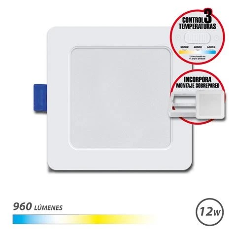 [EB0530] Elbat Downlight Cuadrado 12W - 960Lm - Selector 3 Temperaturas+Sobrepared - Color Blanco