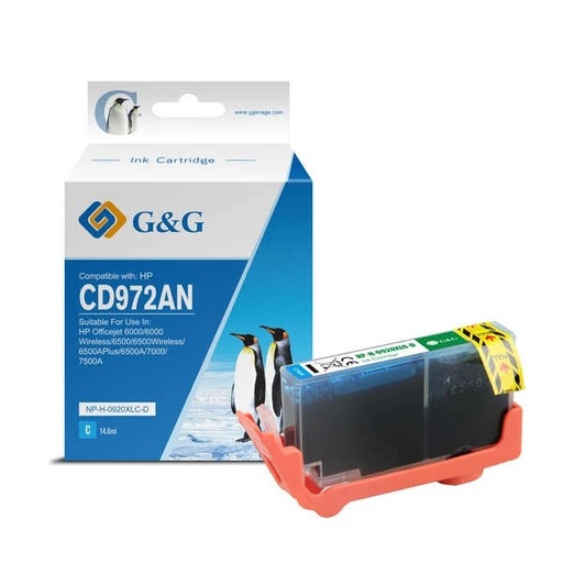 [GG-920XLC] G&G HP 920XL Cyan Cartucho de Tinta Generico - Reemplaza CD972AE