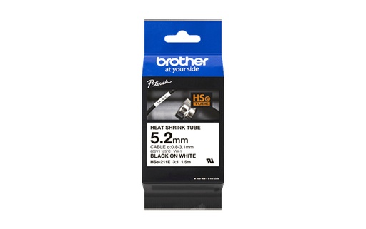 [HSe211E] Brother HSE211E Cinta Tubo Termorretractil Original de Etiquetas para Cables - Texto negro sobre fondo blanco - Ancho 5.2mm x 1.5 metros - Cable recomendado Ø 0.8mm a 3.1mm