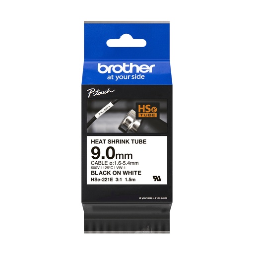 [HSe221E] Brother HSe221E Cinta Tubo Termorretractil Original de Etiquetas para Cables - Texto negro sobre fondo blanco - Ancho 9mm x 1.5 metros - Cable recomendado Ø 1.6mm a 5.4mm