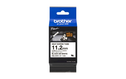 [HSe231E] Brother HSe231E Cinta Tubo Termorretractil Original de Etiquetas para Cables - Texto negro sobre fondo blanco - Ancho 11.2mm x 1.5 metros - Cable recomendado Ø 2.1mm a 7.0mm