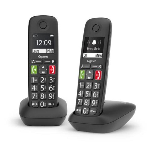 [L36852-H2901-D201] Gigaset E290 Duo Telefono Inalambrico Dect + 1 Supletorio - Pantalla Grande en B/N - Teclas con Numeros Grandes - Volumen con Funcion Amplificador - Color Negro