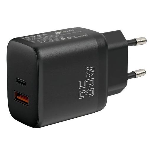 [LECSPH35W2K] Leotec Cargador para Smartphone 35W con Puertos USB-C PD 3.0 y USB-A - Proteccion contra Sobrecorriente y Cortocircuito - Color Negro