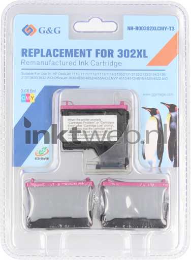 [NH-R00302XLCMY-T3] G&G HP 302XL Color Pack de 3 Cartuchos de Tinta Remanufacturados - Eco Saver - Muestra Nivel de Tinta - Reemplaza F6U67AE/F6U65AE