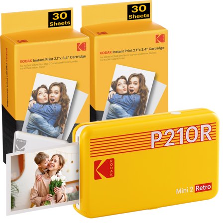 [P210RYK60] Kodak Mini 2 Retro Pack de Impresora Fotografica Portatil Bluetooth + 60 Hojas de Papel Fotografico - Formato de Impresion 5,3x8,6cm - Alimentacion por Bateria - Color Amarillo