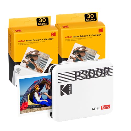 [P300RW60] Kodak Mini 3 Retro Pack de Impresora Fotografica Portatil Bluetooth + 60 Hojas de Papel Fotografico - Formato de Impresion 7.62x7.62cm - Alimentacion por Bateria - Color Blanco