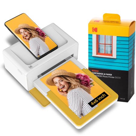 [PD460Y80] Kodak Dock Plus Pack de Impresora Fotografica Portatil Bluetooth + 80 Hojas de Papel Fotografico 10x15cm - Formato de Impresion 10x15cm - Alimentacion por Bateria - Color Blanco/Amarillo