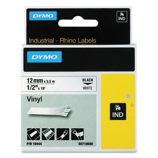 [S0718600] Dymo 18444 Rhino Industrial Cinta Vinilo Original para Rotuladora - Texto Negro sobre Fondo Blanco - Ancho 12mm x 5.5 metros - S0718600