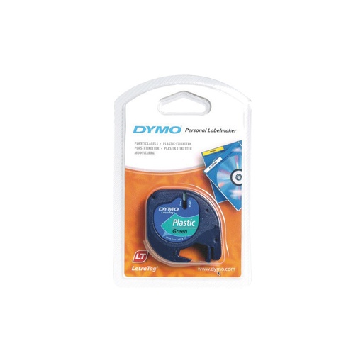 [S0721640] Dymo LetraTag S0721640 Cinta de Etiquetas Original para Rotuladora - Texto negro sobre fondo verde - Ancho 12mm x 4 metros (91204)