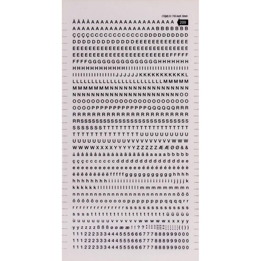 [SDD209F] Apli Letras y Numeros Transferibles Super 3mm 997 Caracteres - Negros Brillantes