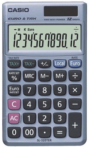 [SL-320TER+] Casio SL-320TER+ Calculadora de Bolsillo - Pantalla LC Extragrande de 12 Digitos - Funcion Conversor de Euros - Color Azul