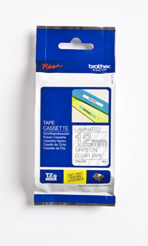 [TZE135] Brother TZe135 Cinta Laminada Original de Etiquetas - Texto blanco sobre fondo transparente - Ancho 12mm x 8 metros